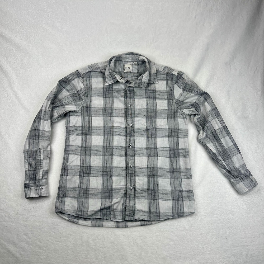 ROWM Shirt Men's Medium Gray White Plaid Button Up Long Sleeve Collared Flannel
